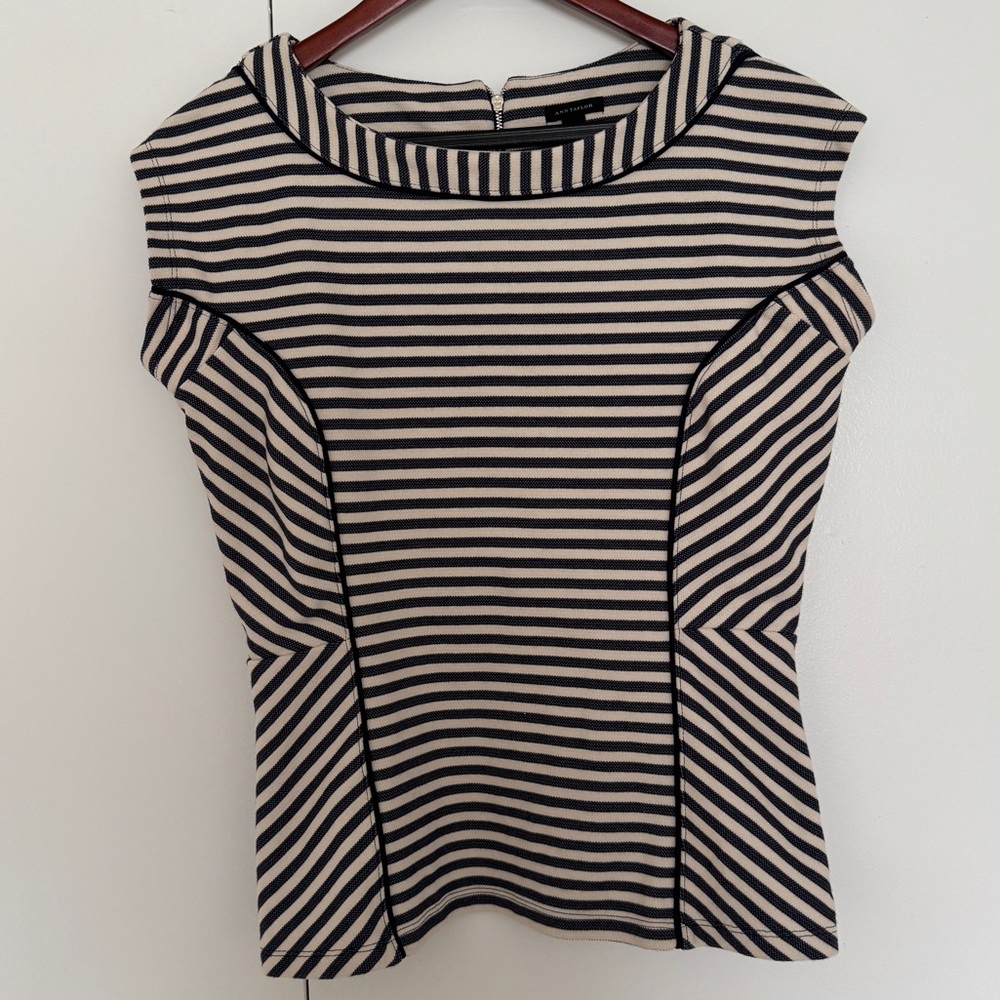 Ann Taylor Striped Structured Knit Top Zipper Cap Sleeves Size Small